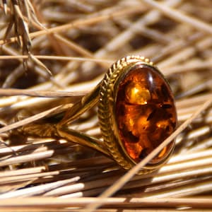 Op de afbeelding: Een goudkleurige ring met een grote, ovale barnsteen. De barnsteen heeft een warme, honingachtige kleur met insluitsels. De band en zetting van de ring hebben een gedetailleerd, getextureerd ontwerp. De ring staat tegen een achtergrond van droog gras.