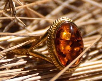Bague Vintage En Ambre Miel Et Argent - Taille 54, Pierre Naturelle, Occasion