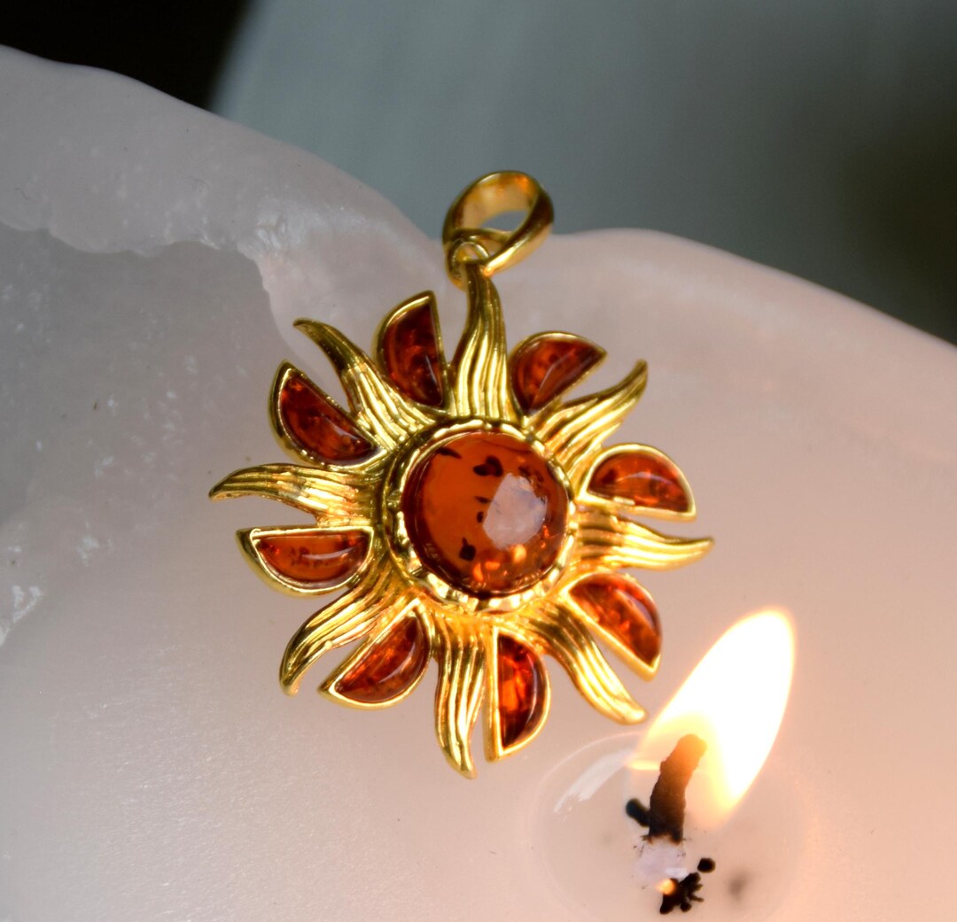 Large Sun Pendant With Natural Baltic Amber and 18k Gold