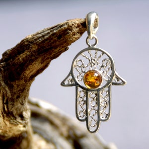 Pendant with natural Baltic Amber and 925 Silver, cognac amber, Fatima&#39;s hand, MJ Baltica, BW020
