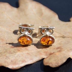 Stud earrings with natural Baltic Amber and 925 Silver, cognac amber, delicate lucky owls, MJ Baltica, BK123