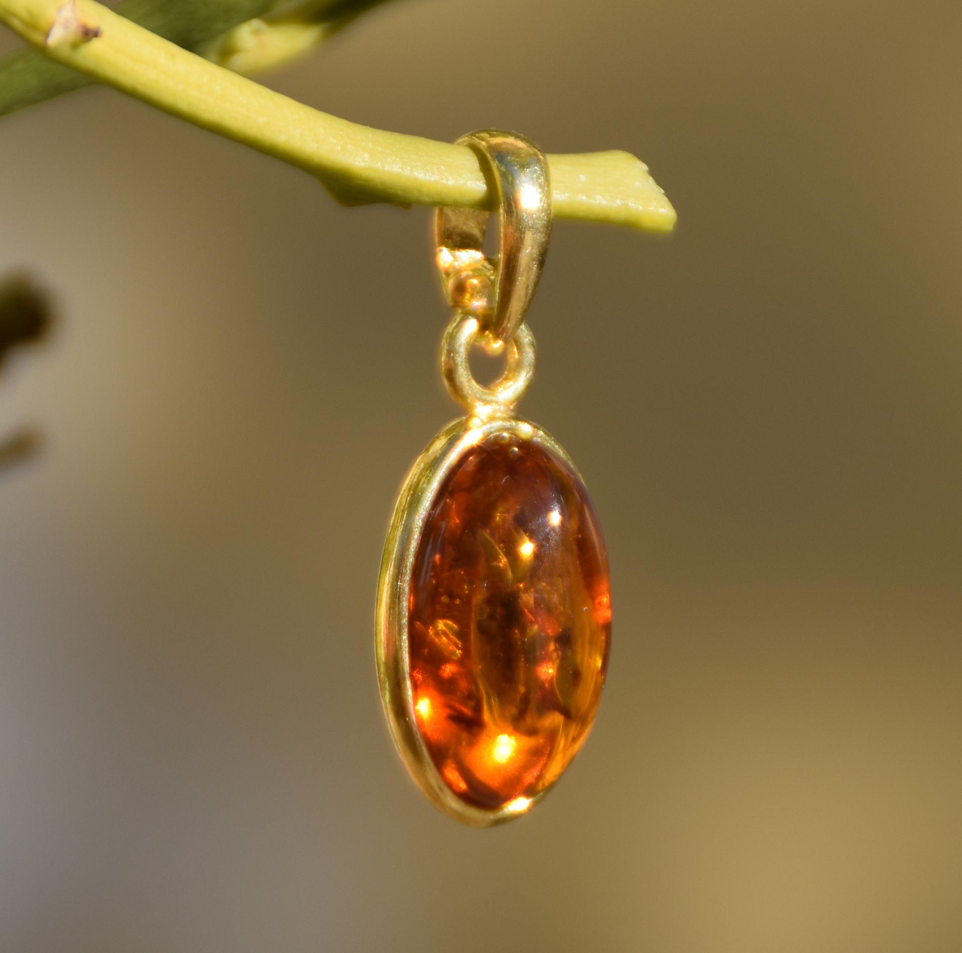 Oval Pendant with Natural Baltic Amber and 18k Gold Plated Silver, Cognac Amber, MJ Baltica, BZW003