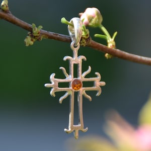 Pendant with natural Baltic Amber and 925 Silver, cognac amber, Roman cross, MJ Baltica, BW165