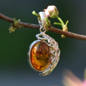 Oval Pendant with Natural Baltic Amber and 925 Silver, Cognac Amber, MJ Baltica,BW164