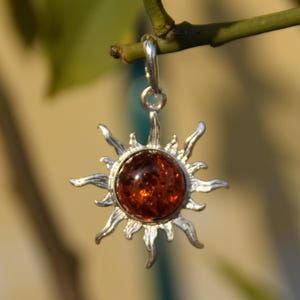 Sun Pendant with Natural Baltic Amber and 925 Silver, Cognac Amber, MJ Baltica, BW009