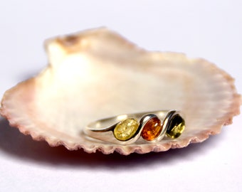 Delicate band ring created with natural Baltic Amber and 925 Silver, mixed ambers, MJ Baltica, BP006