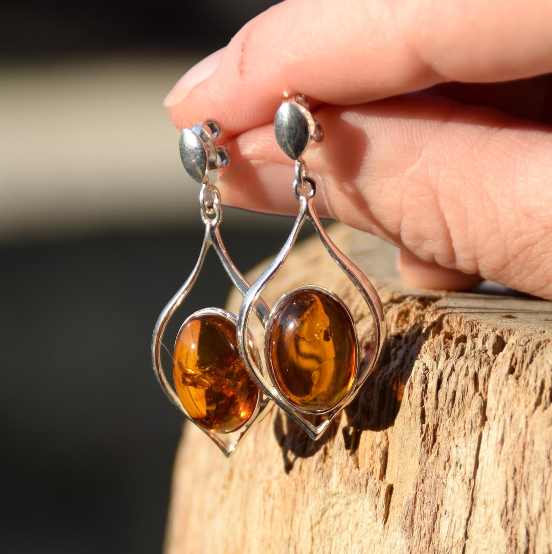 Orecchini Di Ambra E Argento 925 Pendenti A Goccia - Foto 10