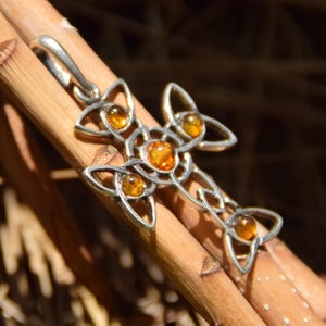 Pendant with natural Baltic amber and 925 silver, cognac amber, Celtic cross, MJ Baltica, BW272