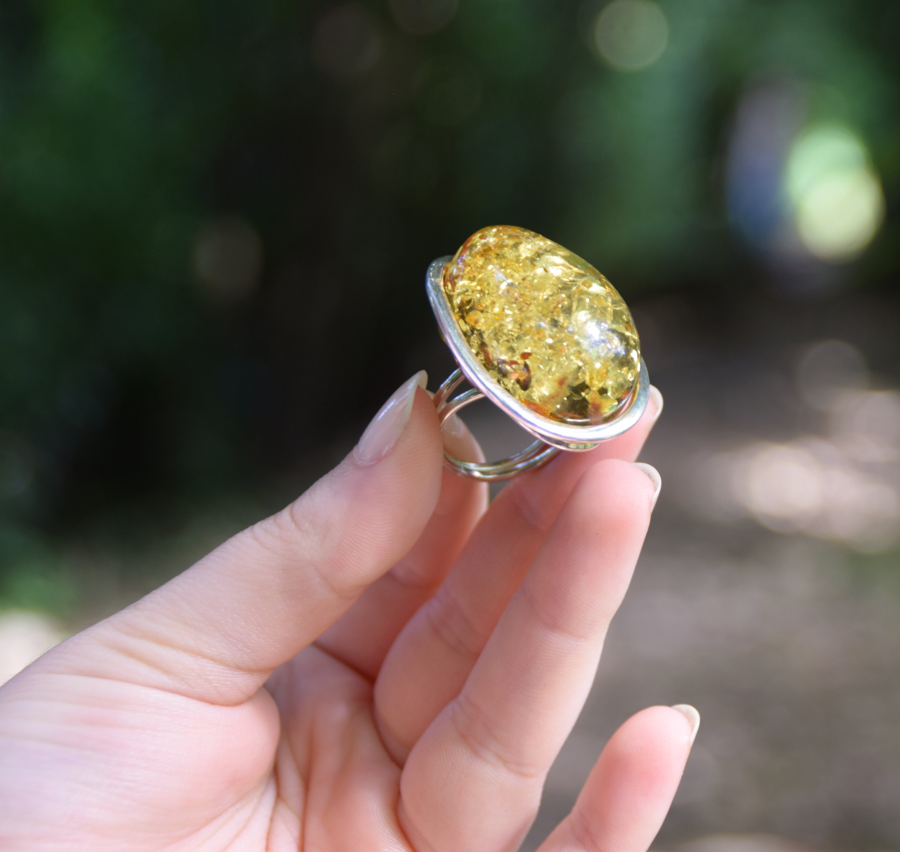 Anello In Ambra Baltica E Argento Puro | Design Giunto In Bambù | Regolabile | Conf. Legno Massello