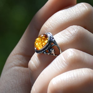 May include: A silver ring with an amber gemstone set in a filigree design.