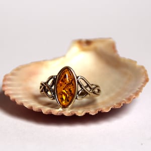 Celtic style ring, created with natural Baltic Amber and 925 Silver, cognac amber, MJ Baltica, BP002