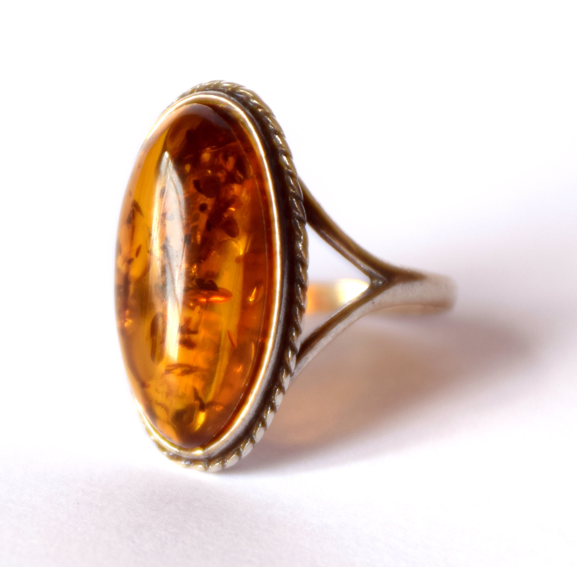 Anello In Ambra Baltica E Argento Puro | Design Giunto In Bambù | Regolabile | Conf. Legno Massello