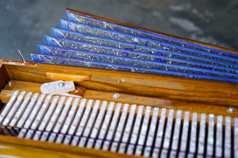 May include: Detailed view of an accordion, featuring a wooden body and blue and grey bellows. The white keys and intricate design suggest a handcrafted instrument. A musical instrument.