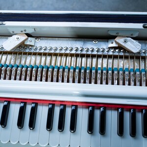 May include: A white harmonium with a red trim and a keyboard with black and white keys. The harmonium is open, revealing the internal workings of the instrument.