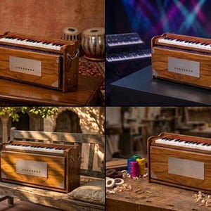 May include: A wooden harmonium with a keyboard and a metal plate. The instrument is brown with silver accents. The harmonium is on a wooden table. The image is a collection of four different shots of the same harmonium.