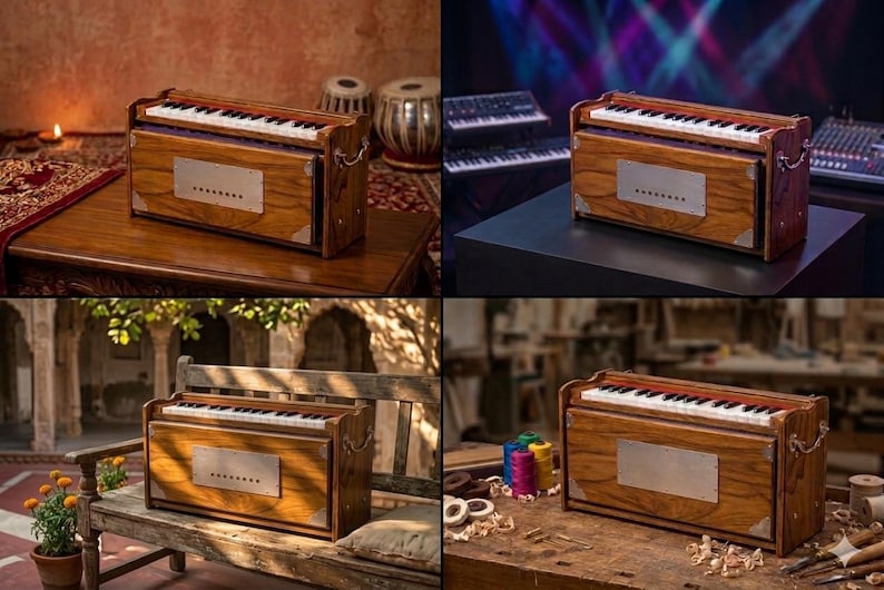 May include: A wooden harmonium with a keyboard and a metal plate. The instrument is brown with silver accents. The harmonium is on a wooden table. The image is a collection of four different shots of the same harmonium.