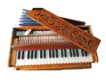 Può includere: Un'armonium in legno con una tastiera di tasti bianchi e neri, accenti rossi e un pannello decorativo in legno. Lo strumento ha un mantice e una striscia di metallo argentato sopra i tasti. Il pannello è intagliato con disegni di strumenti musicali.