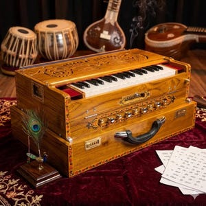 May include: A wooden harmonium with black and white keys, intricate carvings, and decorative details. The instrument features a handle and is placed on a red velvet surface, with other musical instruments in the background.
