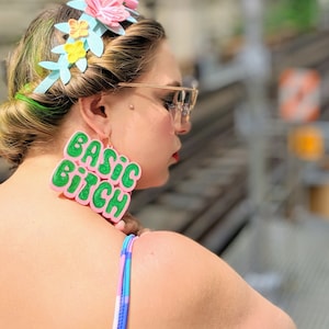 Basic Bitch --- Statement Earrings, Feminist Earrings 3D printed Swear Word Curse earrings Lightweight  Offensive