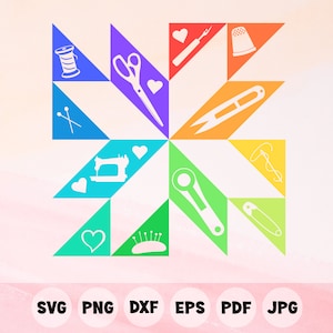 May include: A colorful sewing themed design with a starburst pattern. The design features a sewing machine, scissors, thread, needles, a thimble, a pin, a ruler, and a button. The design is perfect for crafting projects, scrapbooking, and home decor.