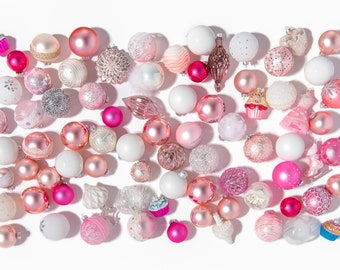 Pink Blossom Collection, assorted glass ornaments 6 pieces Christmas decor set