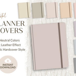Peut inclure: Neuf couvertures de planificateur numériques de couleurs neutres avec un effet cuir souple et un style de couverture rigide réaliste. Les couvertures sont dans des tons beige, brun clair, rose, lavande, bleu clair et gris.
