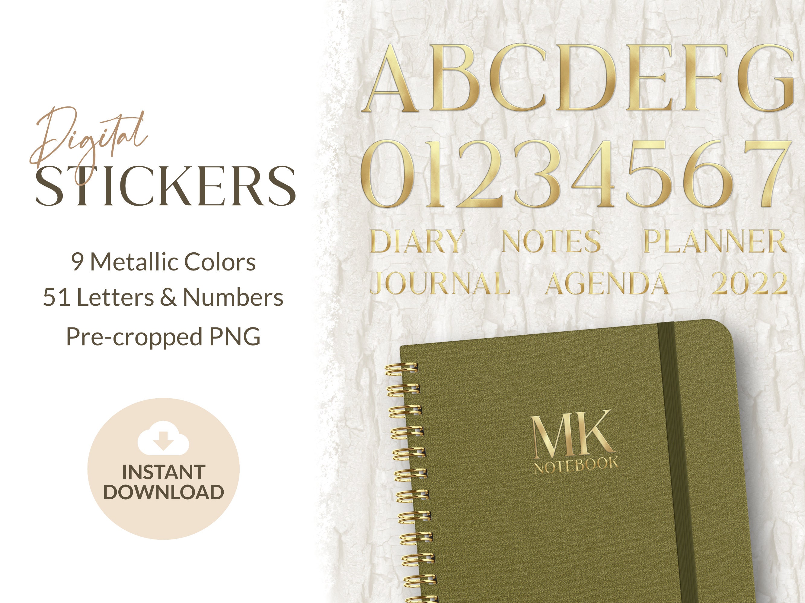Digital Letter & Number Ornaments | Metallic Embossed Stickers | Personal and Limited Commercial Use | Instant Download | Pre-cropped PNG