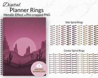 May include: Digital planner rings in various metallic colors. The rings are pre-cropped and ready to use in digital planners. The image shows a variety of colors, including gold, silver, copper, and bronze. The rings are arranged in rows, with the side spiral rings at the top and the center spiral rings at the bottom. The image also includes the text "Side Spiral Rings" and "Center Spiral Rings".
