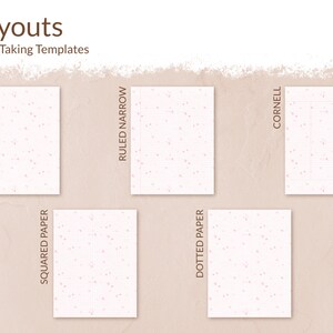 May include: Six different note-taking templates with pink dots on a white background. The templates are labeled "Blank", "Ruled Narrow", "Cornell", "Squared Paper", "Dotted Paper".