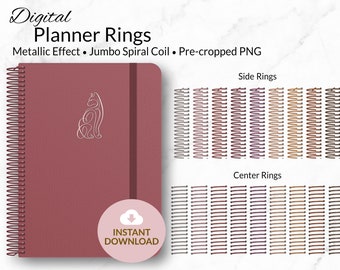 May include: Digital planner rings in a metallic effect with a jumbo spiral coil. The rings are pre-cropped for easy use in digital planners. The image shows a variety of colors and styles of rings, including side rings and center rings.