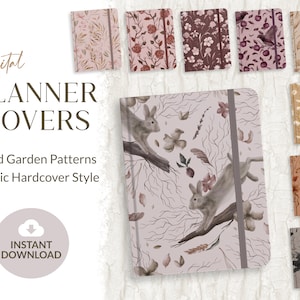 Peut inclure: Couvertures de planificateurs numériques avec des motifs de jardin sauvage. L'image présente neuf couvertures de planificateurs de style couverture rigide avec des motifs floraux et animaliers. La couverture principale présente deux lapins sur une branche. Le texte indique "Digital Planner Covers".