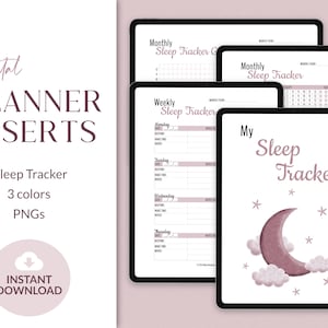 Può includere: Inserti per planner digitali per il monitoraggio del sonno. L'immagine mostra quattro pagine stampabili diverse: una griglia di monitoraggio del sonno mensile, un monitoraggio del sonno settimanale con spazio per appunti, un monitoraggio del sonno mensile con una griglia per la qualità del sonno e una pagina con una luna crescente e stelle con il testo "Il mio monitoraggio del sonno".