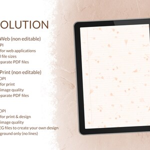 May include: A digital tablet displaying a resolution guide for web and print design. The guide lists the different DPI settings for PDF and JPEG files, along with the best uses for each format.