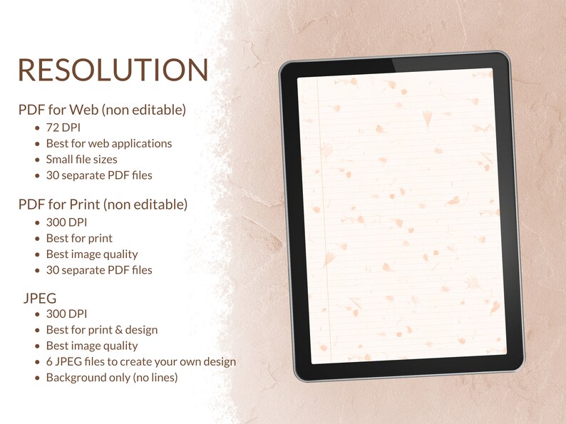May include: A digital tablet displaying a resolution guide for web and print design. The guide lists the different DPI settings for PDF and JPEG files, along with the best uses for each format.
