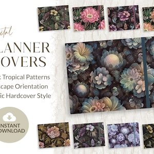 May include: Nine digital planner covers featuring dark tropical patterns in a realistic hardcover style. The patterns feature lush foliage, flowers, and butterflies in shades of green, pink, purple, and blue.
