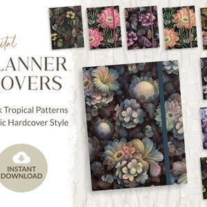 Peut inclure: Neuf couvertures de planificateur numériques avec des motifs tropicaux sombres dans un style de couverture rigide réaliste. Les couvertures présentent une variété de fleurs, de feuilles et d'autres éléments tropicaux dans des tons de violet, rose, bleu et vert.