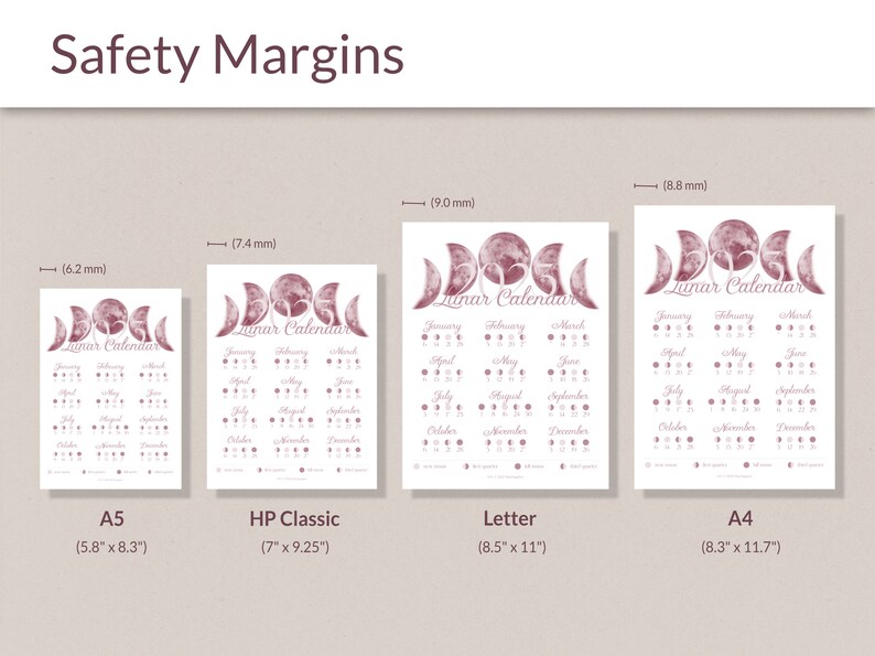 May include: Four different sizes of printable lunar calendars with a pink watercolour moon design. The sizes are A5 (14.8 cm by 21 cm), HP Classic (17.8 cm by 23.5 cm), Letter (21.6 cm by 27.9 cm), and A4 (21 cm by 29.7 cm).