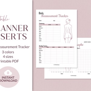 Op de afbeelding: Printbare planner-inlays voor het bijhouden van lichaamsmetingen. De afbeelding toont drie pagina's: een samenvattingspagina met een lijntekening van een persoon, een wekelijkse trackerpagina en een grafiekpagina. De pagina's zijn wit met zwarte lijnen en tekst.