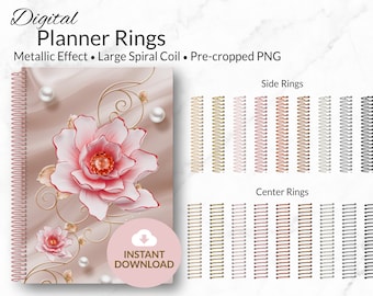 May include: Digital planner rings in various metallic colors, including gold, rose gold, silver, and black. The rings are pre-cropped and ready to be used in digital planners. The image also features a floral design with pink flowers and gold accents.