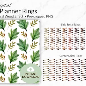 Könnte beinhalten: Digitale Planer-Ringe mit Holzeffekt. Die Ringe sind vorgefertigt und können in digitalen Planern verwendet werden. Das Bild zeigt eine Vielzahl von Ringgrößen und -farben, darunter Gold, Braun und Schwarz. Die Ringe sind in zwei Reihen angeordnet, wobei die obere Reihe seitliche Spiralringe und die untere Reihe mittlere Spiralringe zeigt. Das Bild enthält auch einen digitalen Planer-Umschlag mit einem grünen Blatt-Muster.