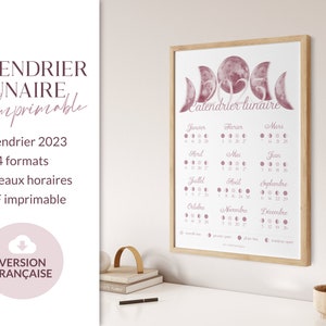 May include: A printable 2023 lunar calendar in French. The calendar features a watercolour design of moons in shades of pink and white. The calendar is divided into 12 months, with each month showing the moon phases.