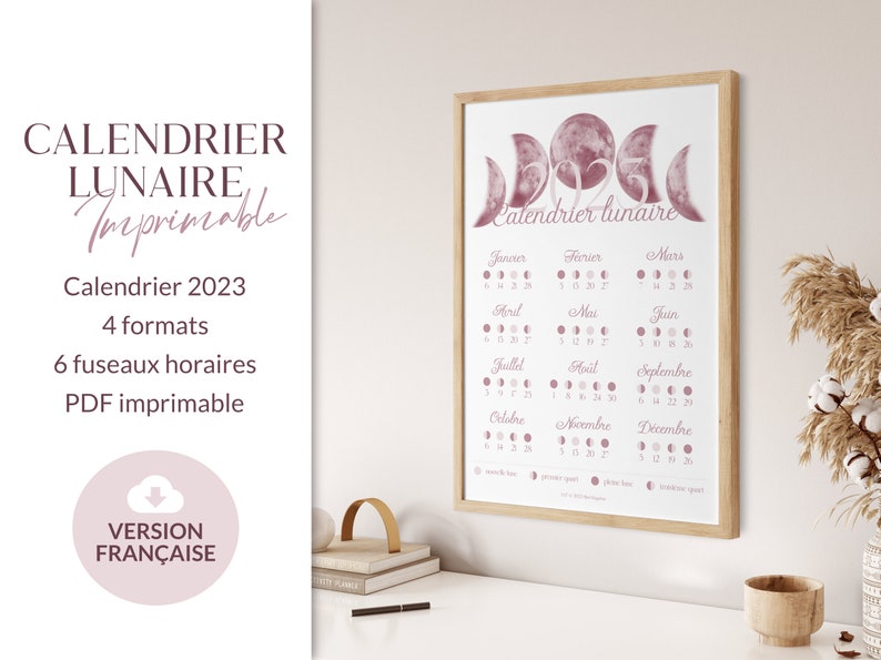 May include: A printable 2023 lunar calendar in French. The calendar features a watercolour design of moons in shades of pink and white. The calendar is divided into 12 months, with each month showing the moon phases.