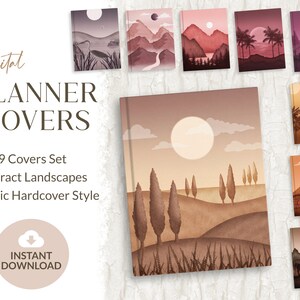 May include: Set of 9 digital planner covers featuring abstract landscapes in a realistic hardcover style. The covers feature various scenes, including mountains, deserts, and forests, all in muted tones of brown, pink, and purple.