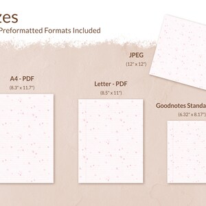 May include: Four different sizes of printable digital paper with pink dots on a white background with lined paper. The sizes are 12 inches by 12 inches, 8.3 inches by 11.7 inches, 8.5 inches by 11 inches, and 6.32 inches by 8.17 inches.