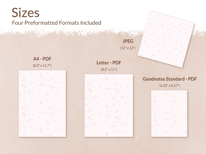 May include: Four different sizes of printable digital paper with pink dots on a white background with lined paper. The sizes are 12 inches by 12 inches, 8.3 inches by 11.7 inches, 8.5 inches by 11 inches, and 6.32 inches by 8.17 inches.