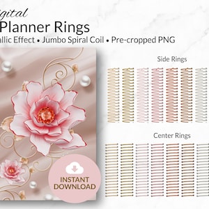May include: Digital planner rings in gold, pink, and white with a floral design. The rings are pre-cropped and ready to be used in digital planners.
