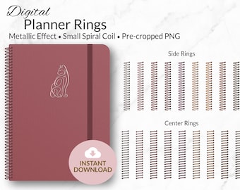 May include: Digital planner rings in various metallic colors. The rings are pre-cropped and ready to be used in digital planners. The image shows a variety of ring sizes and colors, including gold, silver, and copper.