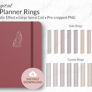 May include: Digital planner rings in various metallic colours. The rings are pre-cropped and ready to be used in digital planners. The image shows a variety of side rings and centre rings.