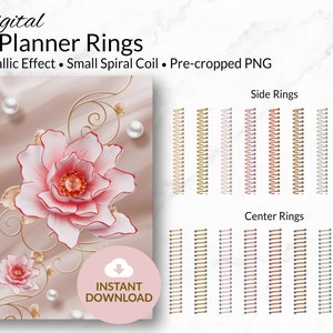 Puede incluir: Anillos de planificador digital con efecto metálico y espiral pequeña. La imagen muestra un PNG pre-recortado de un planificador con un diseño floral con flores rosas y detalles dorados. La imagen también incluye una variedad de colores de anillos, incluyendo oro, oro rosa, plata y negro.