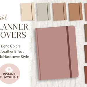 Peut inclure: Neuf couvertures de planificateur numériques dans différentes nuances de brun, beige et rose. Les couvertures ont un effet cuir souple et un style de couverture rigide réaliste. Le texte "Digital Planner Covers" est affiché en haut de l'image, et le texte "9 Boho Colors" est affiché sous les couvertures. Le texte "Soft Leather Effect" est affiché sous "9 Boho Colors". Le texte "Realistic Hardcover Style" est affiché sous "Soft Leather Effect". Le texte "Instant Download" est affiché dans une icône de nuage en bas de l'image.